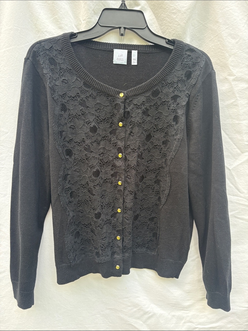 J. Jill Black Lace Front Cardigan with Yellow Jewel Toned Buttons